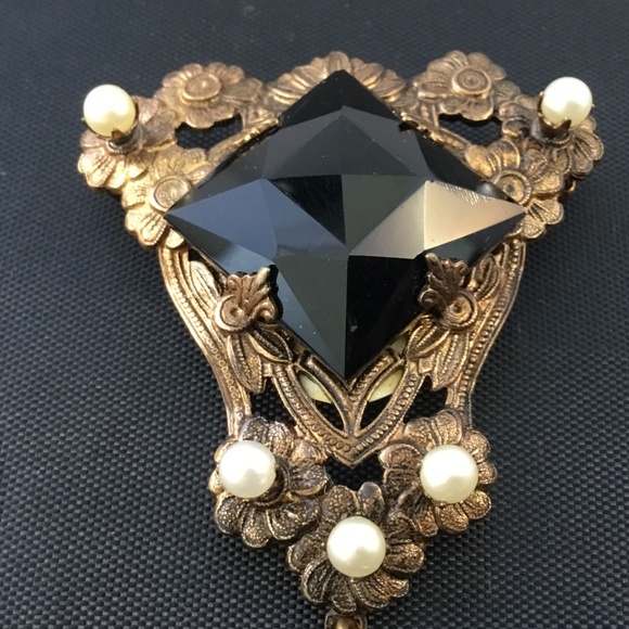 Vintage Pin Brooch Jet Pearls Gold Tone 3" long - Picture 4 of 7